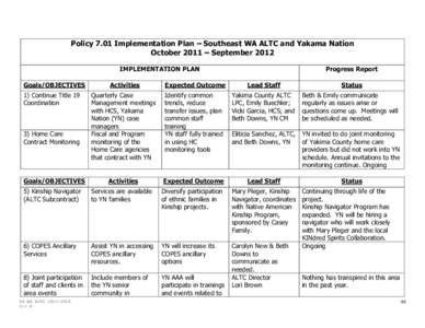 Policy 7.01 Implementation Plan – Southeast WA ALTC and Yakama Nation October 2011 – September 2012 IMPLEMENTATION PLAN Goals/OBJECTIVES  Progress Report