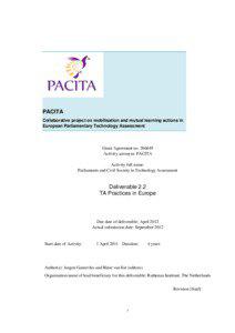 PACITA Collaborative project on mobilisation and mutual learning actions in European Parliamentary Technology Assessment