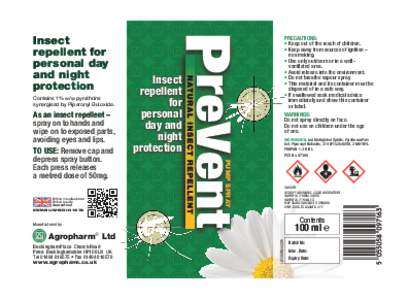 Insect repellent for personal day and night protection Contains 1% w/w pyrethrins