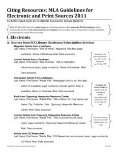 Citing Resources: MLA Guidelines for Electronic and Print Sources 2011 An Abbreviated Guide for Scottsdale Community College Students While MS Word 2007 and other online resources including databases offer automatic MLA 