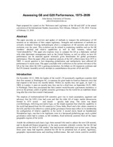 Assessing G8 and G20 Performance, 1975–2009 John Kirton, University of Toronto [removed] Paper prepared for a panel on the “Relevance and Legitimacy of the G8 and G20” at the annual convention of the 