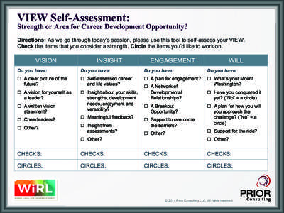 VIEW Self-Assessment:  Strength or Area for Career Development Opportunity? Directions: As we go through today’s session, please use this tool to self-assess your VIEW. Check the items that you consider a strength. Cir