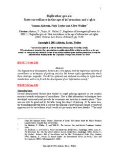 1  BigBrother.gov.uk: State surveillance in the age of information and rights Yaman Akdeniz, Nick Taylor and Clive Walker* Citation: Akdeniz, Y.; Taylor, N.; Walker, C., Regulation of Investigatory Powers Act