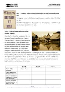 The outbreak of war Student B worksheets Task 1 – Reading and note-taking: memories of the start of the First World War You’re going to read and talk about people’s experiences of the start of World War