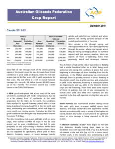 Australian Oils eeds Federation Nneonnage, Crop Report October 2011 Canola