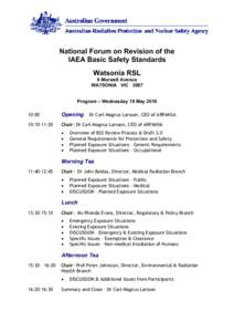 National Forum on Revision of the IAEA Basic Safety Standards Watsonia RSL 6 Morwell Avenue WATSONIA VIC 3087 Program – Wednesday 19 May 2010