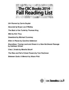 Girl Runner by Carrie Snyder Seconds by Bryan Lee O’Malley The Back of the Turtle by Thomas King Mãn by Kim Thuy Sweetland by Michael Crummey Ellen in Pieces by Caroline Adderson