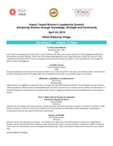 Hawai`i Island Women’s Leadership Summit: Advancing Women through Knowledge, Strength and Community April 24, 2015 Hilton Waikoloa Village  Workshop 2