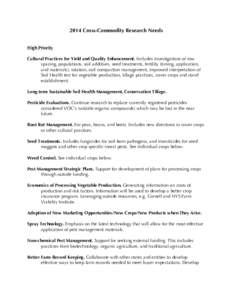 2014 Cross-Commodity Research Needs High Priority Cultural Practices for Yield and Quality Enhancement. Includes investigations of row spacing, populations, soil additives, seed treatments, fertility (timing, application