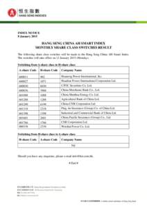 INDEX NOTICE 8 January 2015 HANG SENG CHINA AH SMART INDEX MONTHLY SHARE CLASS SWITCHES RESULT The following share class switches will be made to the Hang Seng China AH Smart Index.