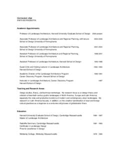 Curriculum vitae ANITA BERRIZBEITIA Academic Appointments Professor of Landscape Architecture, Harvard University Graduate School of Design