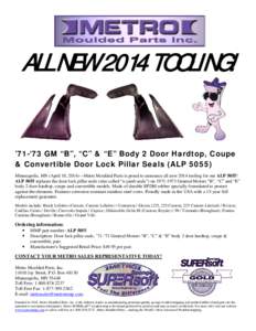 ALL NEW 2014 TOOLING!  ’71-‘73 GM “B”, “C” & “E” Body 2 Door Hardtop, Coupe & Convertible Door Lock Pillar Seals (ALP[removed]Minneapolis, MN (April 10, 2014)—Metro Moulded Parts is proud to announce all 