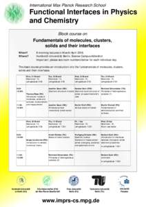 International Max Planck Research School  Functional Interfaces in Physics and Chemistry Block course on