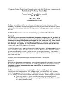 Program Goals, Objectives, Competencies, and their Outcome Measurement: Participatory Workshop (Internship) Presented at the 2nd Accreditation Assembly May 30, 2008