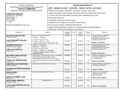 STATE OF NEVADA DEPARTMENT OF BUSINESS AND INDUSTRY ATHLETIC COMMISSION Telephone[removed]Fax[removed]BOXING SHOW RESULTS