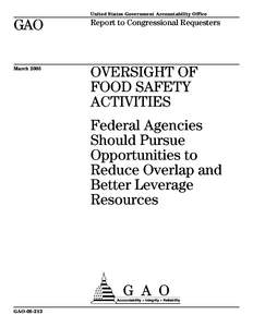 GAO, OVERSIGHT OF FOOD SAFETY ACTIVITIES: Federal Agencies Should Pursue Opportunities to Reduce Overlap and Better Leverage Resources