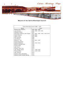 Mayors of the Cairns Municipal Council  Cairns Municipal Council 1885 – 1923