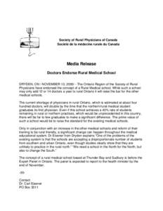    Society of Rural Physicians of Canada Société de la médecine rurale du Canada  Media Release