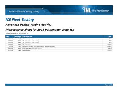 ICE Fleet Testing Advanced Vehicle Testing Activity Maintenance Sheet for 2013 Volkswagen Jetta TDI VIN# 3VWLL7AJ5DM206578 Date