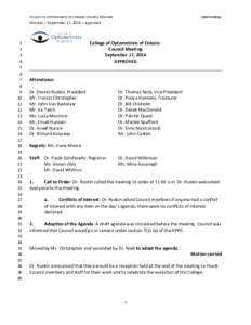 COLLEGE OF OPTOMETRISTS OF ONTARIO-COUNCIL MEETING  CONFIDENTIAL Minutes – September 17, 2014 – Approved