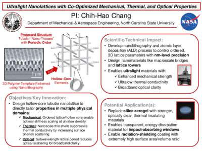 Ultralight Nanolattices with Co-Optimized Mechanical, Thermal, and Optical Properties  PI: Chih-Hao Chang Department of Mechanical & Aerospace Engineering, North Carolina State University Proposed Structure Tubular “Na