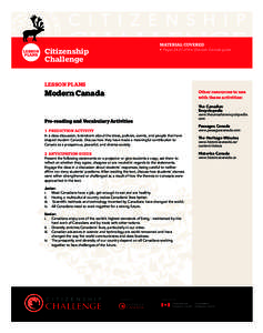 LESSON PLANS MATERIAL COVERED  •	 Pages[removed]of the Discover Canada guide