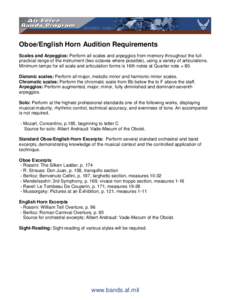 Oboe/English Horn Audition Requirements Scales and Arpeggios: Perform all scales and arpeggios from memory throughout the full practical range of the instrument (two octaves where possible), using a variety of articulati