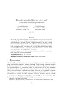 Recursiveness of indifference prices and translation-invariant preferences∗ Patrick Cheridito† Michael Kupper‡
