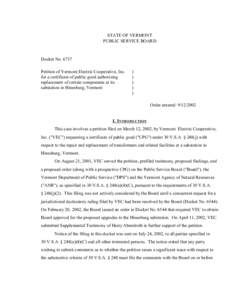 STATE OF VERMONT PUBLIC SERVICE BOARD Docket No[removed]Petition of Vermont Electric Cooperative, Inc. for a certificate of public good authorizing