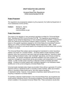 Draft Negative Declaration for Universal Waste Rule (Regulations), DTSC Control Number R-97-08