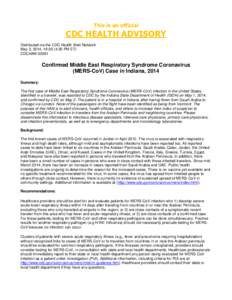 Confirmed Middle East Respiratory Syndrome Coronavirus (MERS-CoV) Case in Indiana, 2014