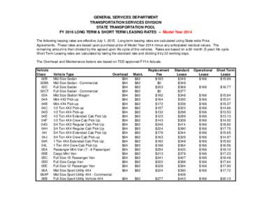 GENERAL SERVICES DEPARTMENT TRANSPORTATION SERVICES DIVISION STATE TRANSPORTATION POOL FY 2016 LONG TERM & SHORT TERM LEASING RATES -- Model Year 2014 The following leasing rates are effective July 1, 2015. Long-term lea