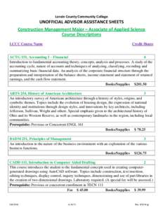 Lorain County Community College  UNOFFICIAL ADVISOR ASSISTANCE SHEETS Construction Management Major – Associate of Applied Science Course Descriptions LCCC Course Name