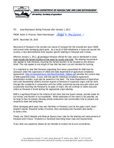 TO:  Iowa Businesses Selling Firewood after January 1, 2011 FROM: Robin D. Pruisner, State Entomologist DATE: November 29, 2010