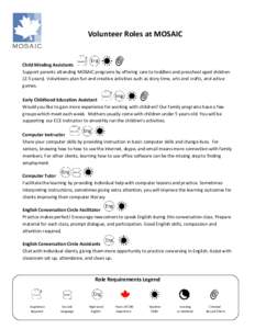 Volunteer Roles at MOSAIC  Child Minding Assistants Support parents attending MOSAIC programs by offering care to toddlers and preschool aged children (2-5 years). Volunteers plan fun and creative activities such as stor