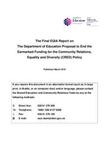 The Final EQIA Report on The he Department of Education Proposal to End the Earmarked Funding for the Community Relations, Equality and Diversity (CRED) Policy