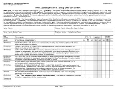 DEPARTMENT OF CHILDREN AND FAMILIES Division of Early Care and Education dcf.wisconsin.gov  Initial Licensing Checklist – Group Child Care Centers