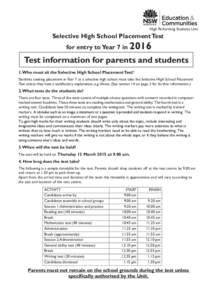 High Performing Students Unit  Selective High School Placement Test for entry to Year 7 in[removed]Test information for parents and students
