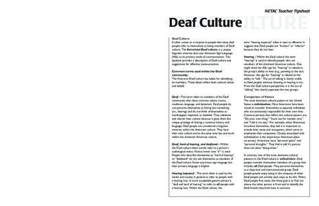 NETAC Teacher Tipsheet  Deaf Culture DEAF CULTURE