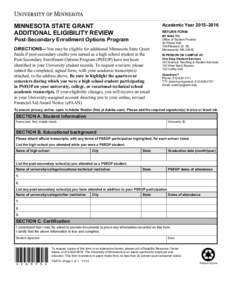 MINNESOTA STATE GRANT ADDITIONAL ELIGIBILITY REVIEW Academic Year 2015–2016 RETURN FORM: