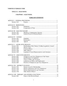 TOHONO O’ODHAM CODE TITLE 12 – ELECTIONS CHAPTER 1 - ELECTIONS TABLE OF CONTENTS ARTICLE I – GENERAL PROVISIONS ............................................................................... 1 Section 1101