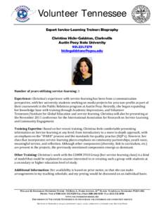 Volunteer Tennessee Expert Service-Learning Trainers Biography Christina Hicks-Goldston, Clarksville Austin Peay State University[removed]removed]