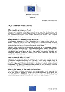 EUROPEAN COMMISSION  MEMO Brussels, 5 November[removed]FAQs on Marie Curie Actions