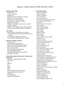 Appendix 1: Variables Collected in NVDRS Web System: [removed]Incident Information Incident Year Version of software Incident type Number of source documents in incident