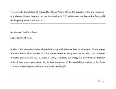 Statement by the Minister of Energy, Hon. Dipuo Peters, MP, on the occasion of the announcement of preferred bidders in respect of the first window of 3 725MW under the Renewable Energy IPP Bidding Programme – 7 March 2011