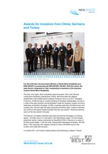 Awards for investors from China, Germany and Turkey Copyright: NRW.INVEST / Ralph Sondermann  For the ninth time, the Economics Ministry of North Rhine-Westphalia and