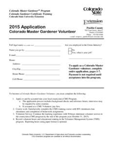 Colorado Master Gardenersm Program Colorado Gardener Certificate Training Colorado State University Extension 2015 Application