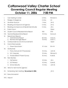 Cottonwood Valley Charter School Governing Council Regular Meeting October 11, 2006 7:00 PM I.