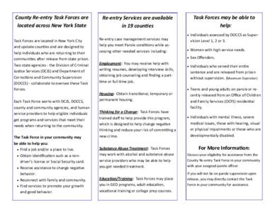 County Re-entry Task Forces are located across New York State Task Forces are located in New York City and upstate counties and are designed to help individuals who are returning to their communities after release from s