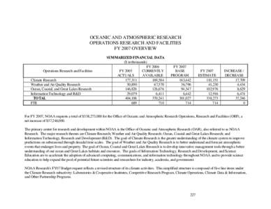 OCEANIC AND ATMOSPHERIC RESEARCH OPERATIONS RESEARCH AND FACILITIES FY 2007 OVERVIEW Operations Research and Facilities Climate Research